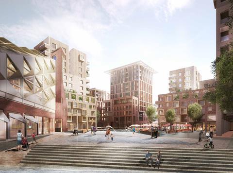 View from Southmere Lake into the proposed civic square, bordered by a new civic building and new residential blocks (Proctor and Matthews Architects and Mecanoo)