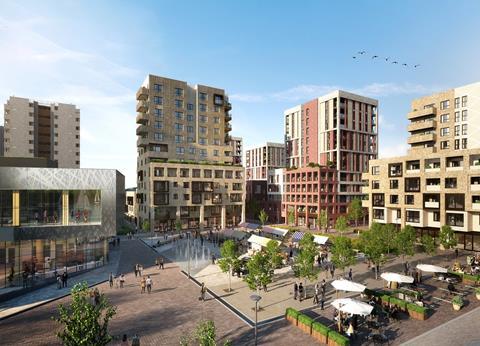 An artist's impression of a market square with fountains and seating area surrounding by residential buildings, representing the housing association Peabody's Southmere development in Thamesmead, south London