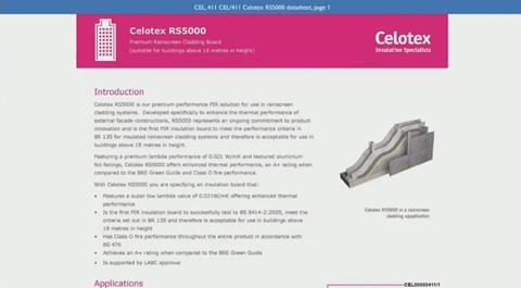 Product data on Celotex RS5000, presented to the Grenfell Inquiry