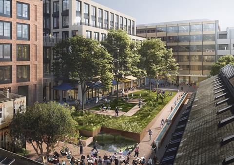 View of the new Dock Office Courtyard community square, looking towards A2 and the Leisure Centre entrance