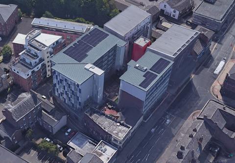 Aerial view of the Cube in Bolton, designed by RADM Architects