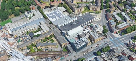 Overview of the Sainsbury's Whitechapel site. Swanley School is to the supermarket's left, Trinity Almshouses are to the far right